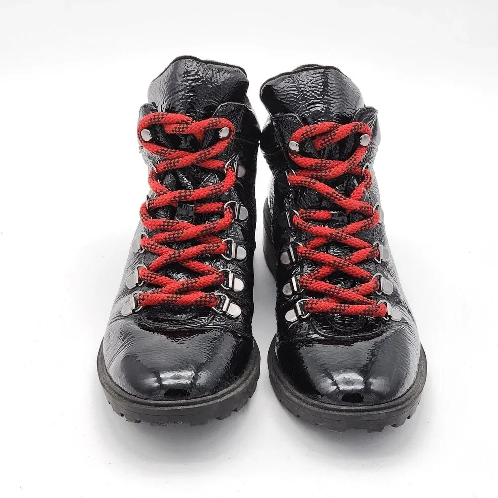 Schutz Niceia Patent Leather Lace Up Ankle Booties Boots Black Red Laces Size 8